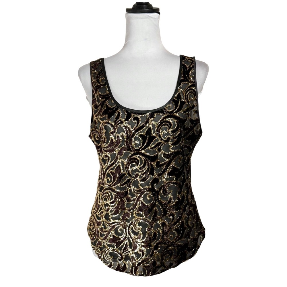 Vintage Sweet Anne‎ Sheer Burnout Velvet Mesh Tank Top Black Gold Size 36 Medium